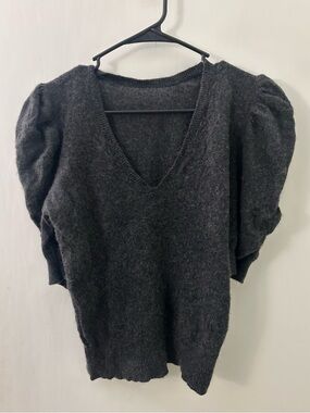 Frame Denim Charcoal Puff Sleeve V-Neck Cashmere Sweater